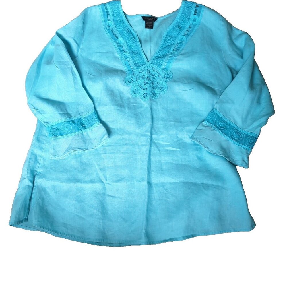 Silk Land Woman 100% Linen Top Tunic Turquoise Crochet Mesh Trim Size 1X-lp43 - Picture 4 of 11